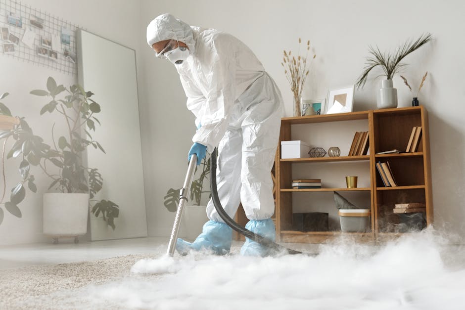 A professional cleaner dressed in full white protective suit, gloves, and a face mask performs surface cleaning on a beige carpet in a well-lit living room. The cleaner uses a vacuum or steam cleaning tool, with visible steam or fog rising around the area. The room features a wooden bookshelf filled with books and decorative items, and has potted plants and framed pictures on the shelves and walls. Bright natural light illuminates the space, highlighting the cleanliness of the carpet and the organized environment, demonstrating deep cleaning and sanitisation services offered by Carpet Cleaning Hammersmith.